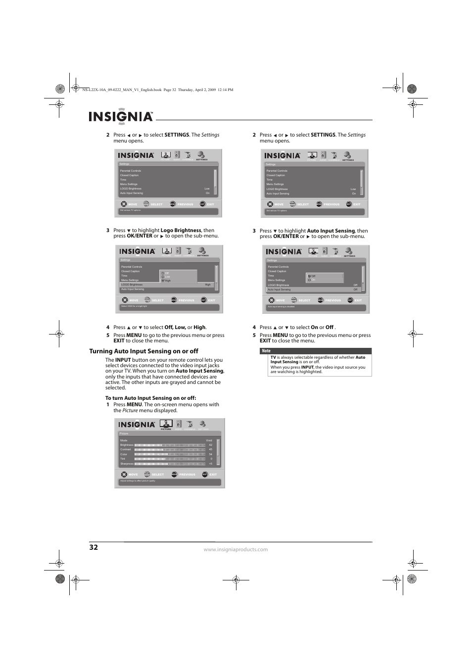 Turning auto input sensing on or off | Insignia NS-L22X-10A User Manual | Page 36 / 60