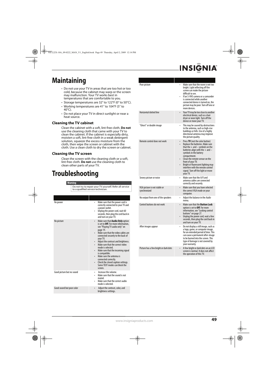 Maintaining, Troubleshooting | Insignia NS-L22X-10A User Manual | Page 53 / 60