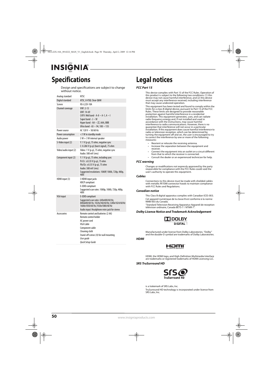 Specifications, Legal notices | Insignia NS-L22X-10A User Manual | Page 54 / 60