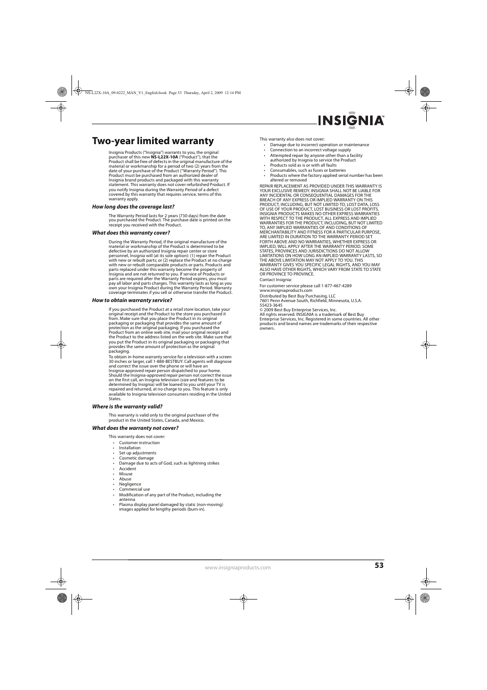 Two-year limited warranty | Insignia NS-L22X-10A User Manual | Page 57 / 60