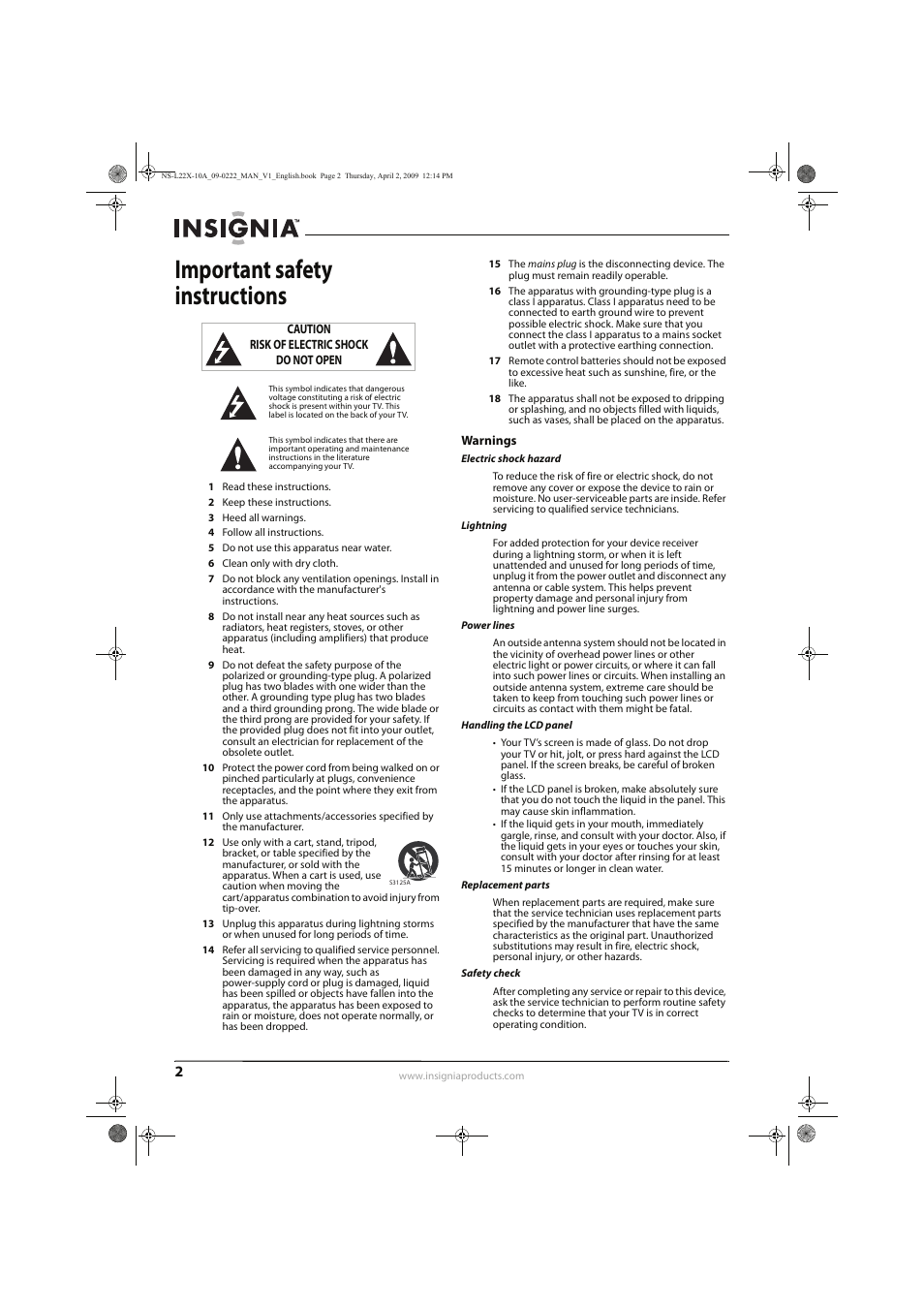 Important safety instructions | Insignia NS-L22X-10A User Manual | Page 6 / 60
