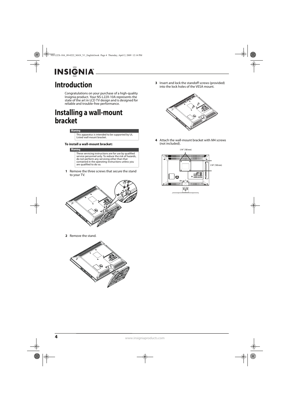 Introduction, Installing a wall-mount bracket | Insignia NS-L22X-10A User Manual | Page 8 / 60