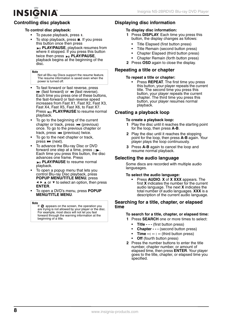 Controlling disc playback, Displaying disc information, Repeating a title or chapter | Creating a playback loop, Selecting the audio language, Searching for a title, chapter, or elapsed time, Repeating a title or chapter” o | Insignia NS-2BRDVD User Manual | Page 10 / 32