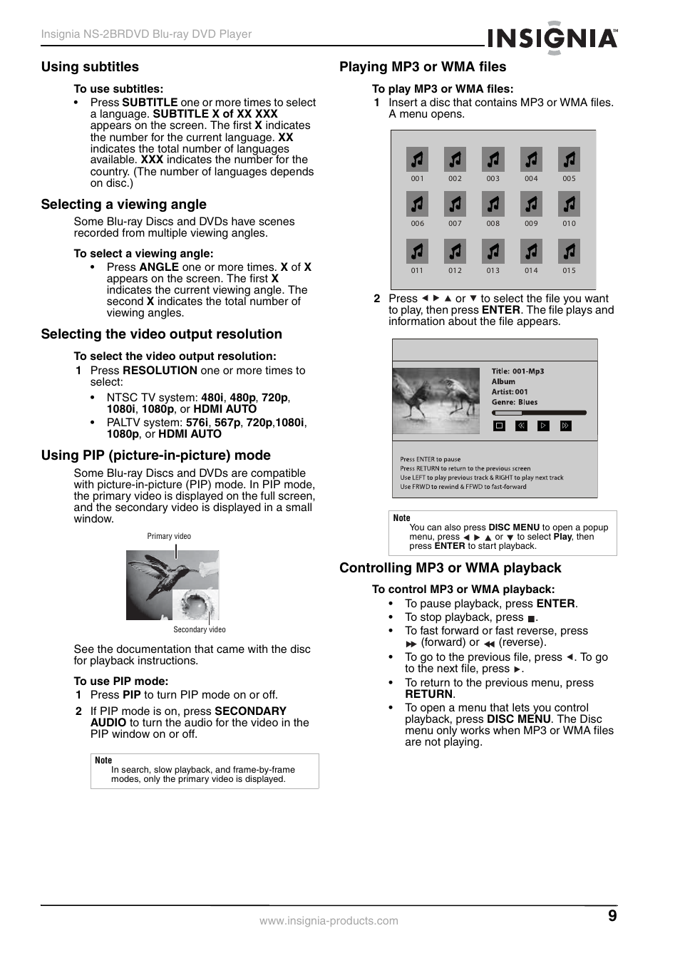 Using subtitles, Selecting a viewing angle, Selecting the video output resolution | Using pip (picture-in-picture) mode, Playing mp3 or wma files, Controlling mp3 or wma playback, Selecting the video output resolution” o, E “using subtitles” o, Ee “using pip (picture-in-picture) mode, Selecting a viewing angle” o | Insignia NS-2BRDVD User Manual | Page 11 / 32