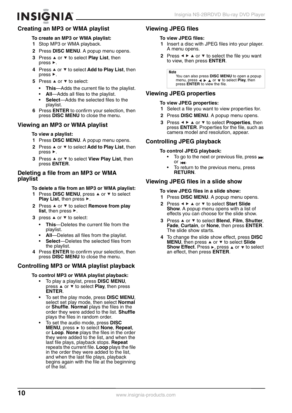 Creating an mp3 or wma playlist, Viewing an mp3 or wma playlist, Deleting a file from an mp3 or wma playlist | Controlling mp3 or wma playlist playback, Viewing jpeg files, Viewing jpeg properties, Controlling jpeg playback, Viewing jpeg files in a slide show | Insignia NS-2BRDVD User Manual | Page 12 / 32