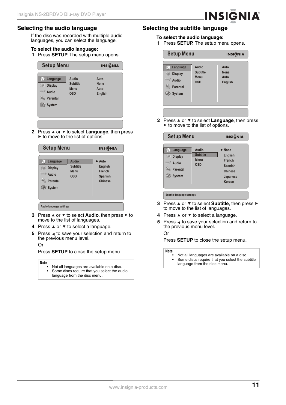 Selecting the audio language, Selecting the subtitle language, Setup menu | Insignia NS-2BRDVD User Manual | Page 13 / 32