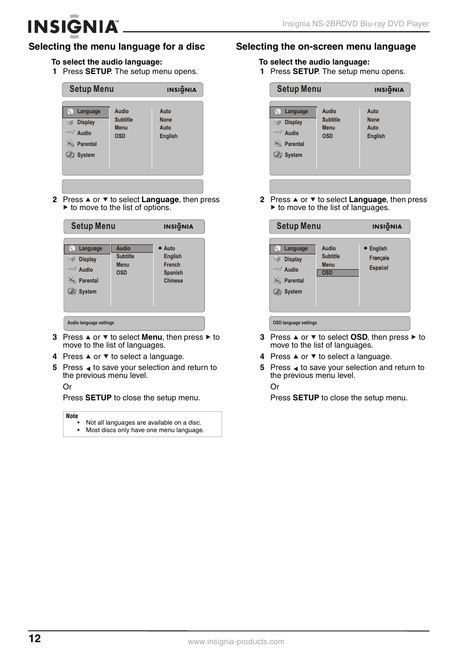 Selecting the menu language for a disc, Selecting the on-screen menu language, Setup menu | Insignia NS-2BRDVD User Manual | Page 14 / 32