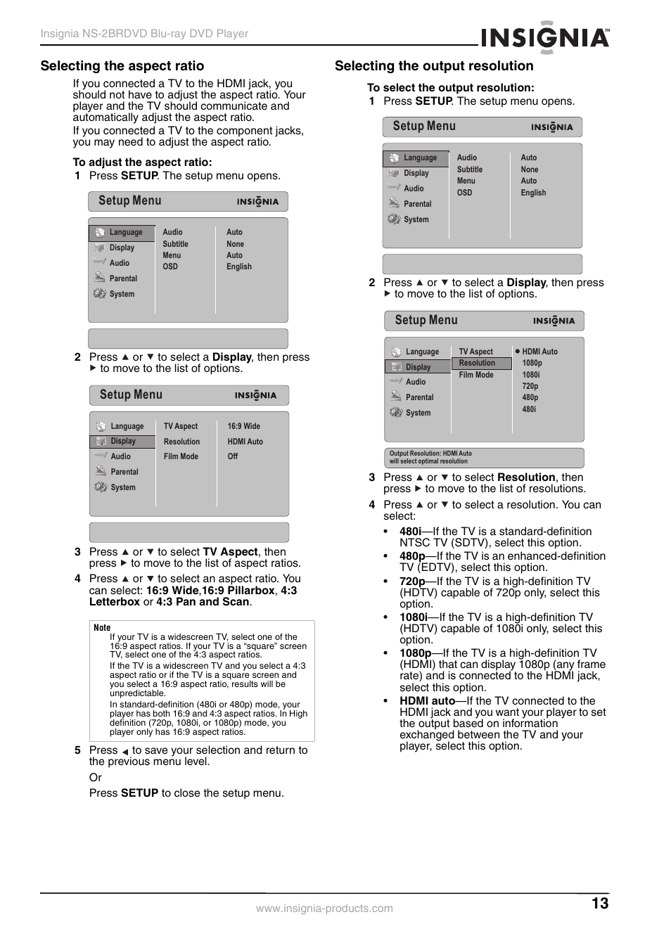 Selecting the aspect ratio, Selecting the output resolution, Setup menu | Insignia NS-2BRDVD User Manual | Page 15 / 32