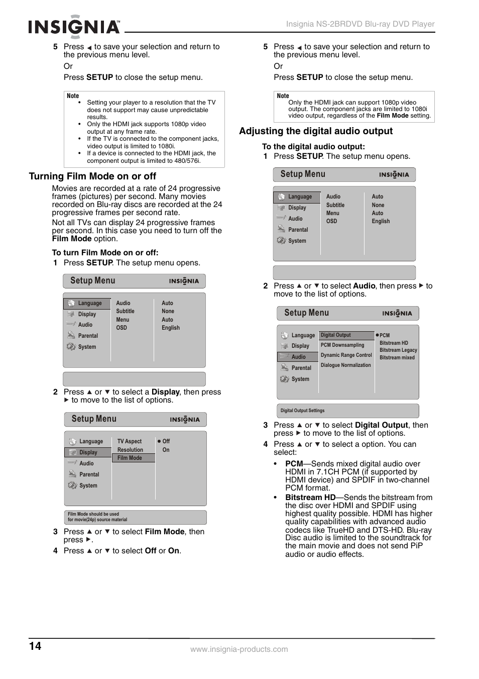 Turning film mode on or off, Adjusting the digital audio output, Setup menu | Insignia NS-2BRDVD User Manual | Page 16 / 32