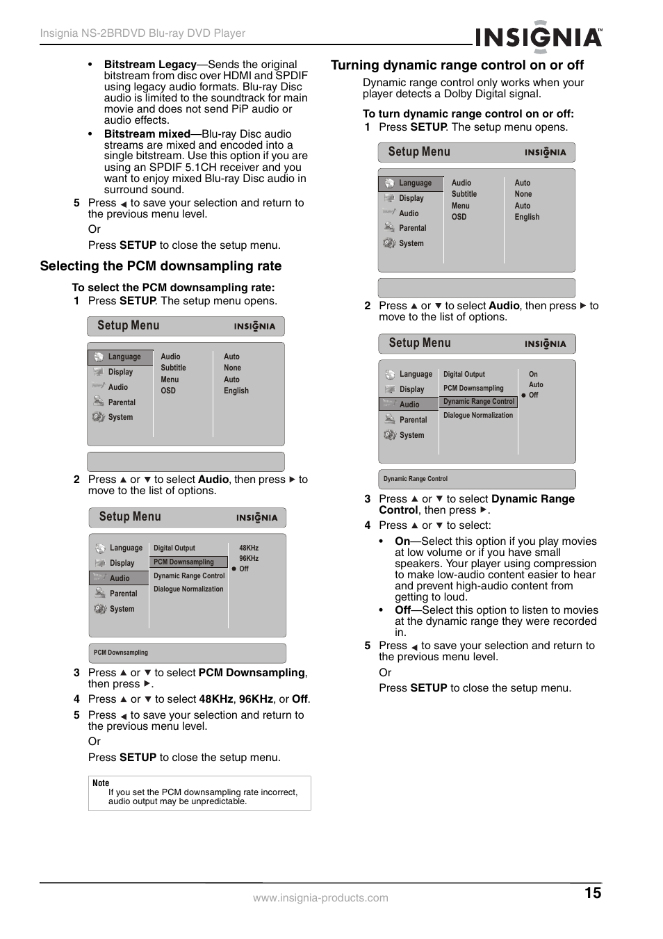 Selecting the pcm downsampling rate, Turning dynamic range control on or off, Setup menu | Insignia NS-2BRDVD User Manual | Page 17 / 32