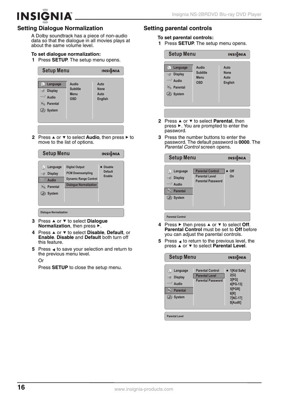 Setting dialogue normalization, Setting parental controls, Setup menu | Insignia NS-2BRDVD User Manual | Page 18 / 32