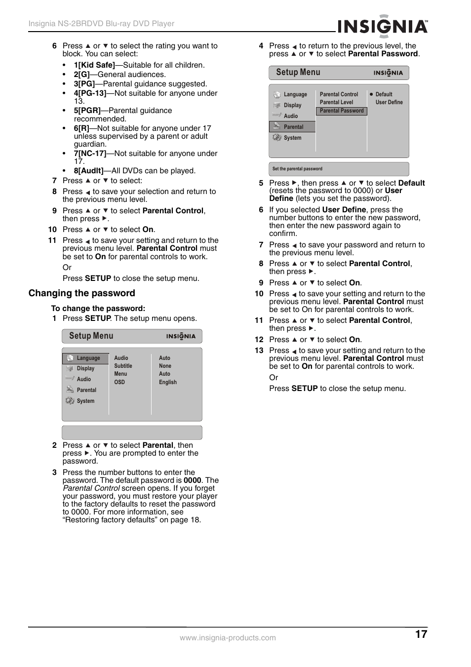 Changing the password | Insignia NS-2BRDVD User Manual | Page 19 / 32