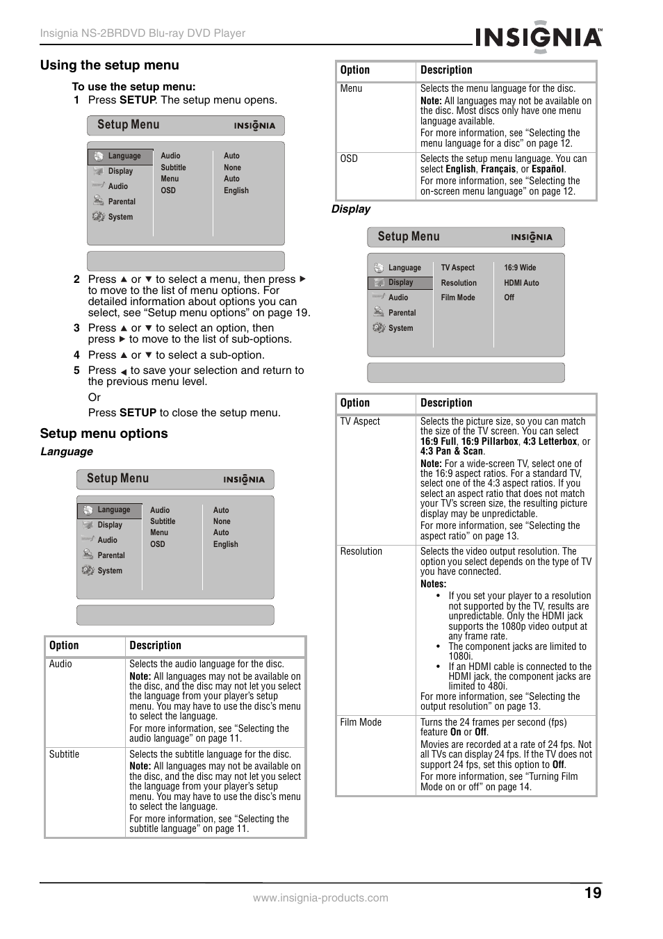 Using the setup menu, Setup menu options, Using the setup menu setup menu options | Setup menu | Insignia NS-2BRDVD User Manual | Page 21 / 32