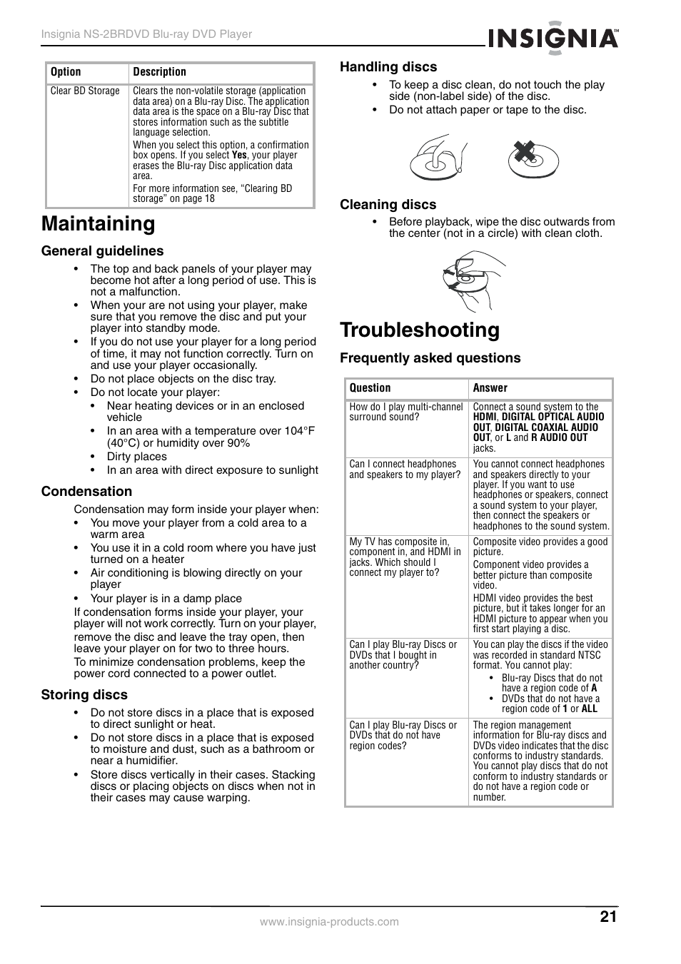 Maintaining, General guidelines, Condensation | Storing discs, Handling discs, Cleaning discs, Troubleshooting, Frequently asked questions | Insignia NS-2BRDVD User Manual | Page 23 / 32