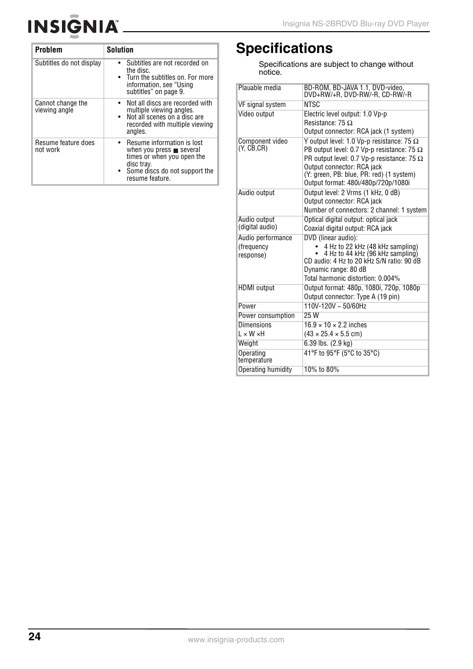 Specifications | Insignia NS-2BRDVD User Manual | Page 26 / 32