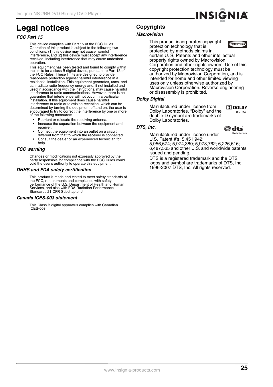 Legal notices, Copyrights | Insignia NS-2BRDVD User Manual | Page 27 / 32