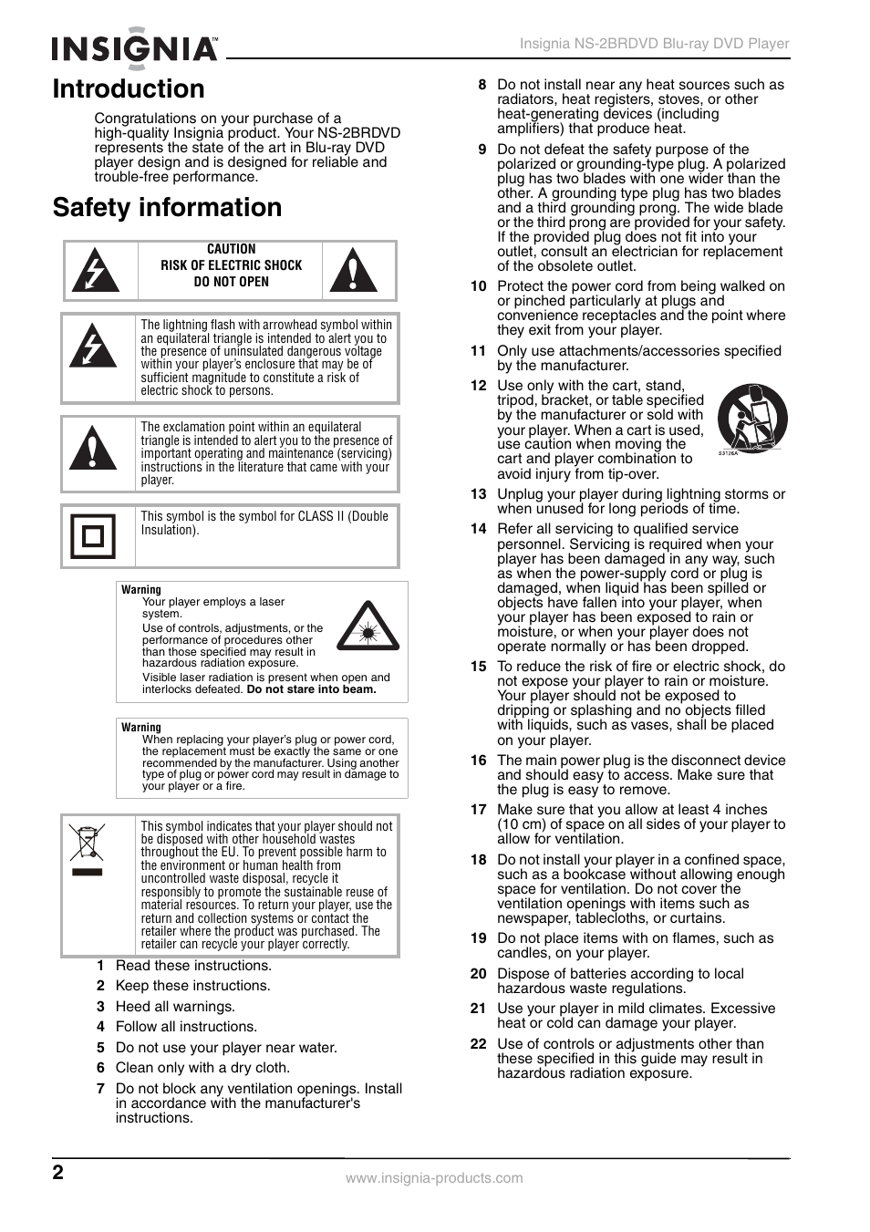 Introduction, Safety information, Introduction safety information | Insignia NS-2BRDVD User Manual | Page 4 / 32