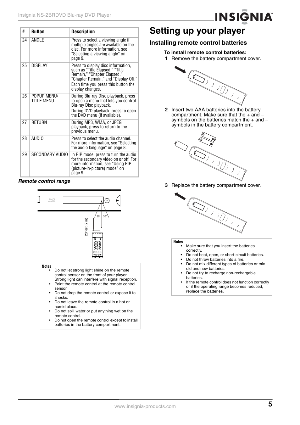 Setting up your player, Installing remote control batteries | Insignia NS-2BRDVD User Manual | Page 7 / 32