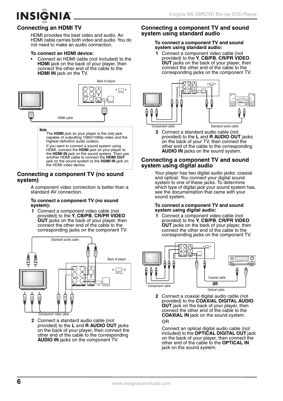 Connecting an hdmi tv, Connecting a component tv (no sound system) | Insignia NS-2BRDVD User Manual | Page 8 / 32