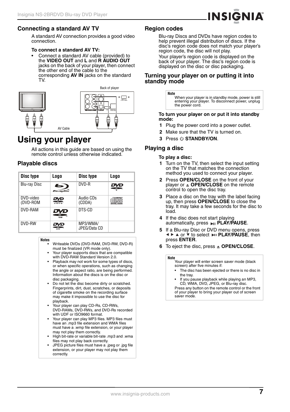 Connecting a standard av tv, Using your player, Playable discs | Region codes, Playing a disc, Playable discs region codes | Insignia NS-2BRDVD User Manual | Page 9 / 32