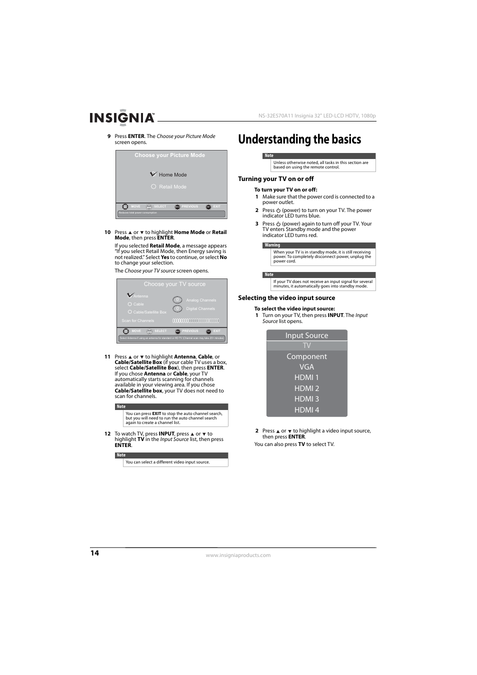 Understanding the basics, Turning your tv on or off, Selecting the video input source | E “selecting the video input source | Insignia NS-32E570A11 User Manual | Page 18 / 48