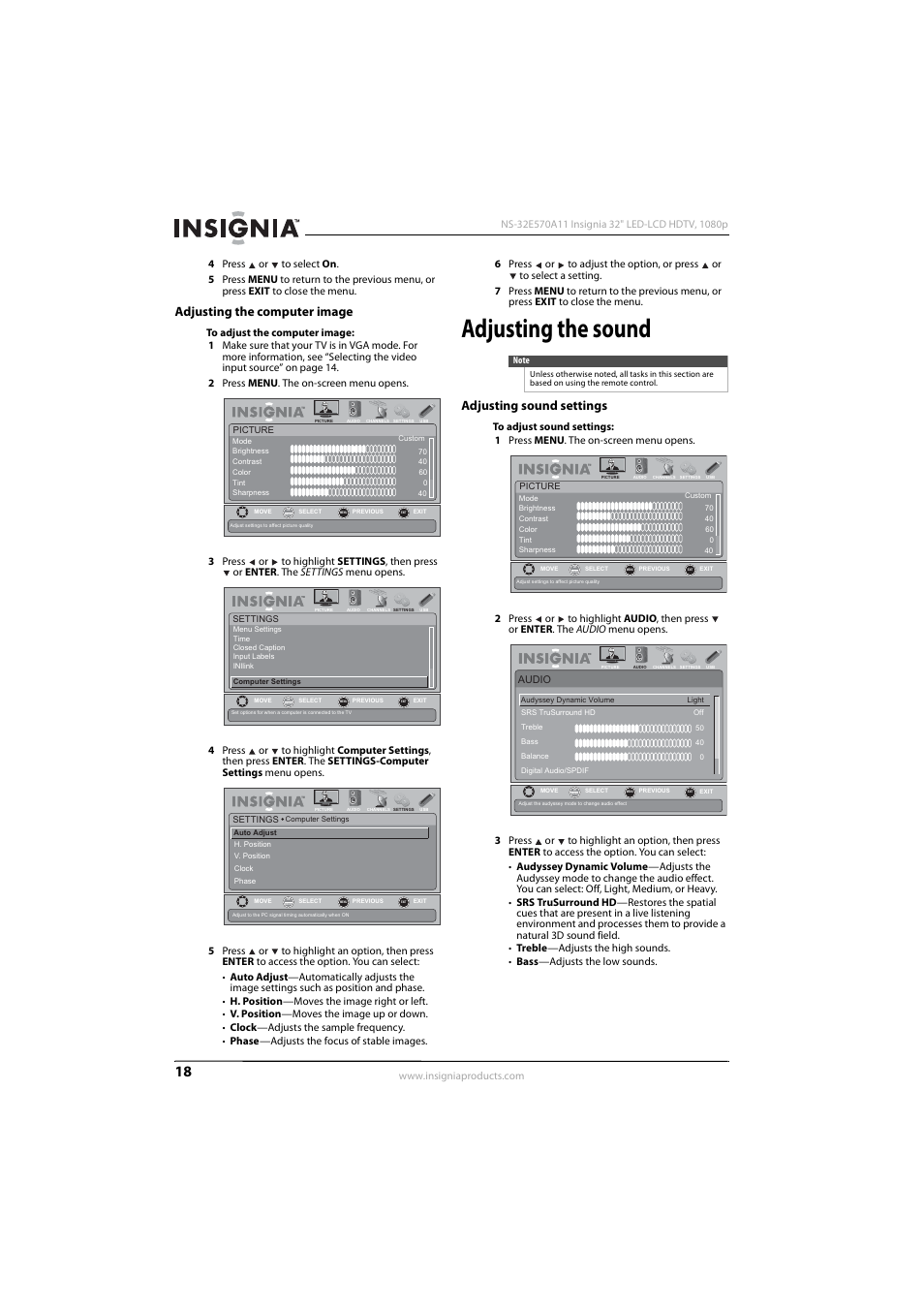 Adjusting the computer image, Adjusting the sound, Adjusting sound settings | Insignia NS-32E570A11 User Manual | Page 22 / 48