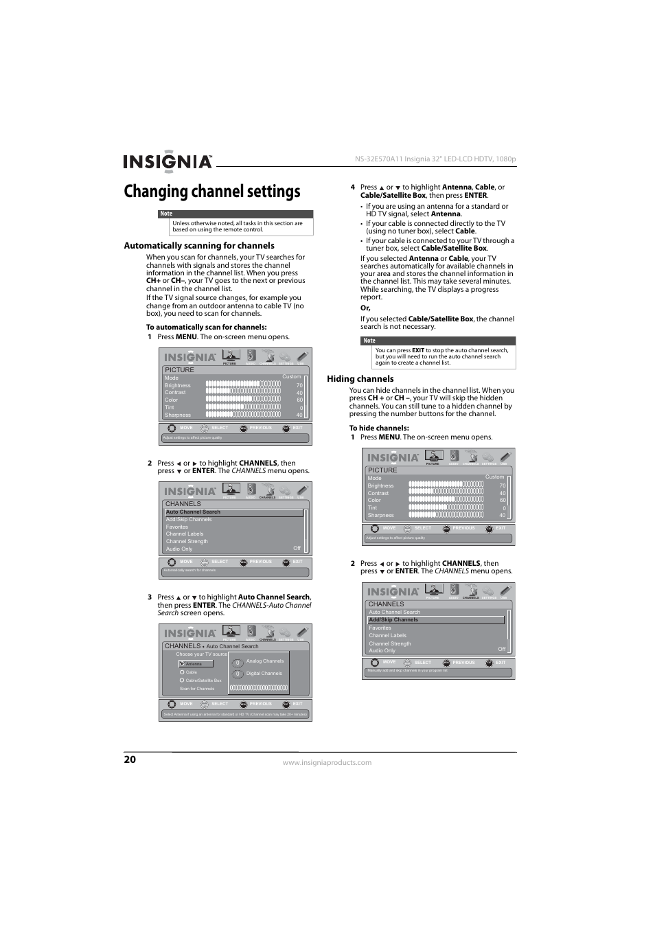 Changing channel settings, Automatically scanning for channels, Hiding channels | Insignia NS-32E570A11 User Manual | Page 24 / 48