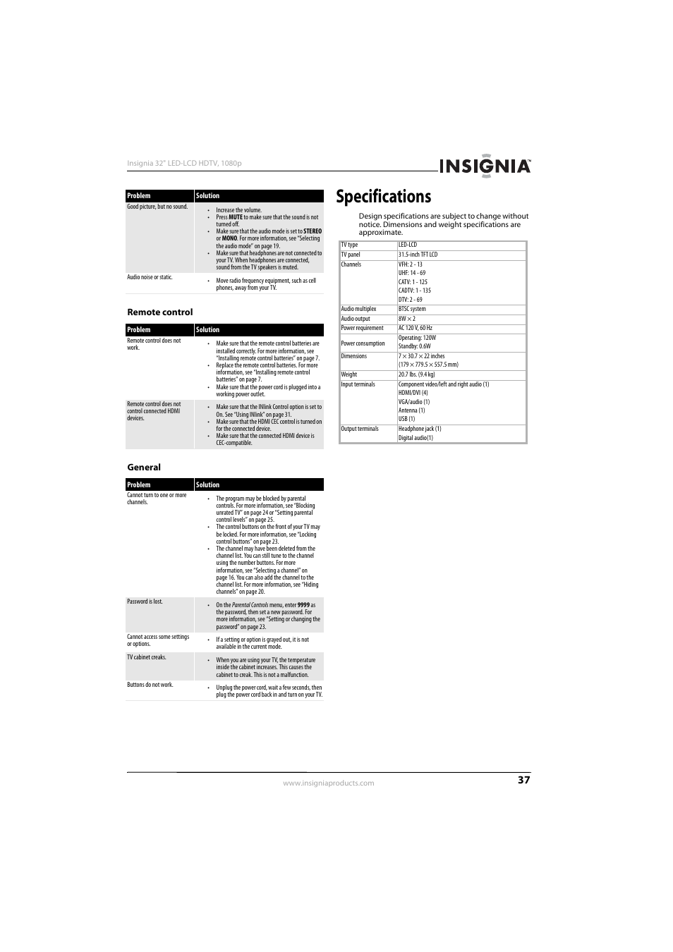 Remote control, General, Specifications | Remote control general | Insignia NS-32E570A11 User Manual | Page 41 / 48