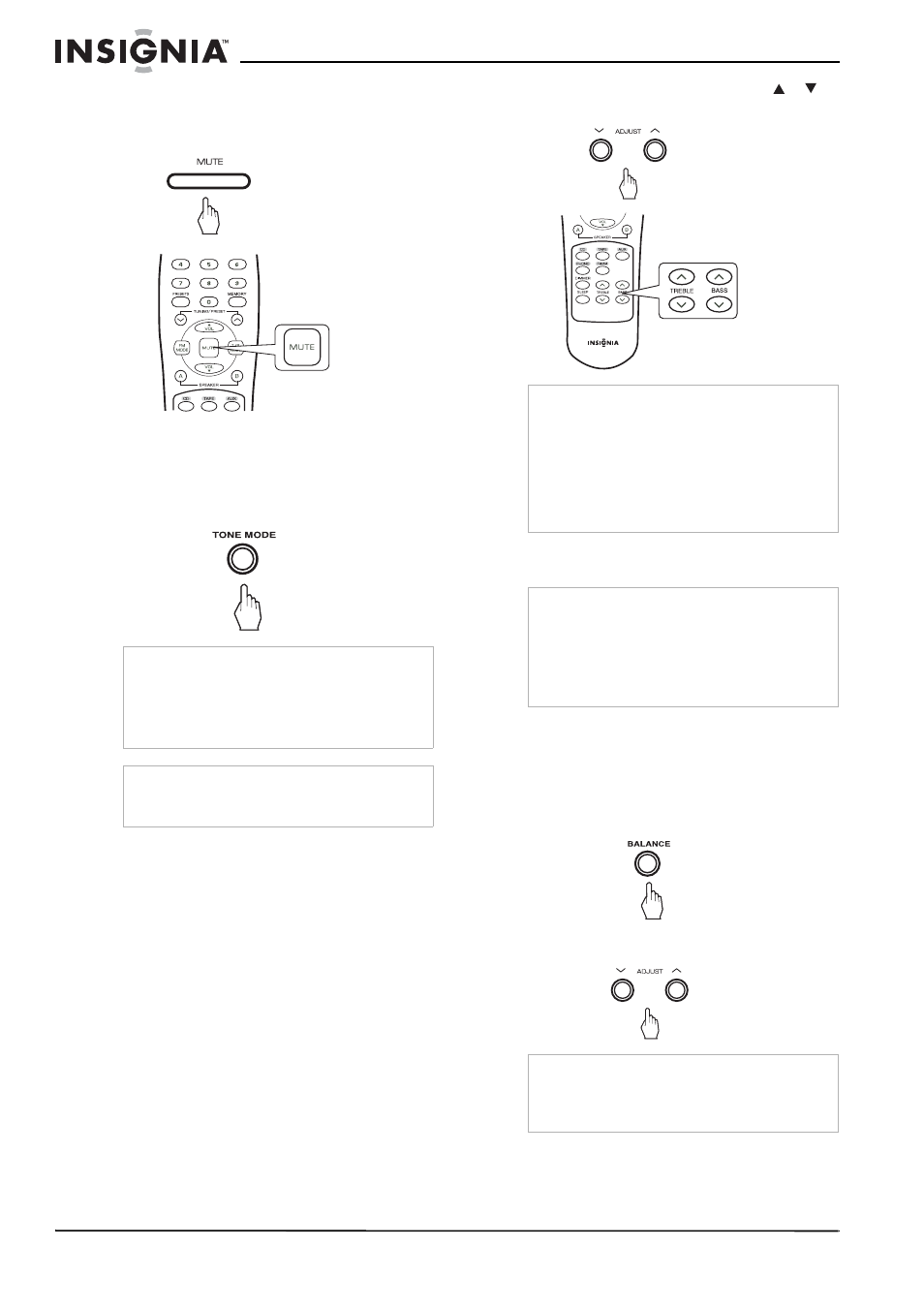 Ajuste del tono, Ajuste del balance del volumen del sonido | Insignia NS-R2000 User Manual | Page 44 / 56