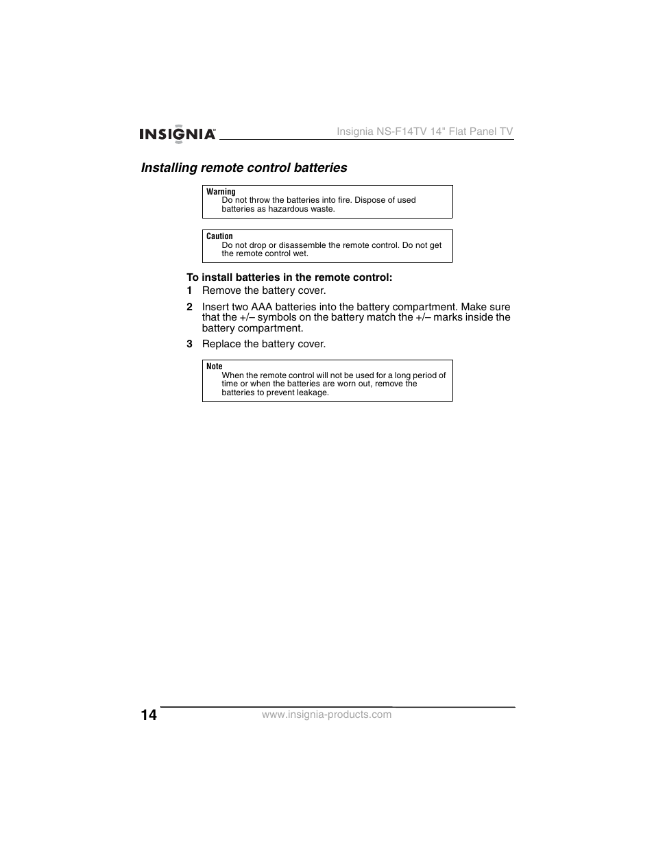 Installing remote control batteries | Insignia NS-F14TV User Manual | Page 14 / 94