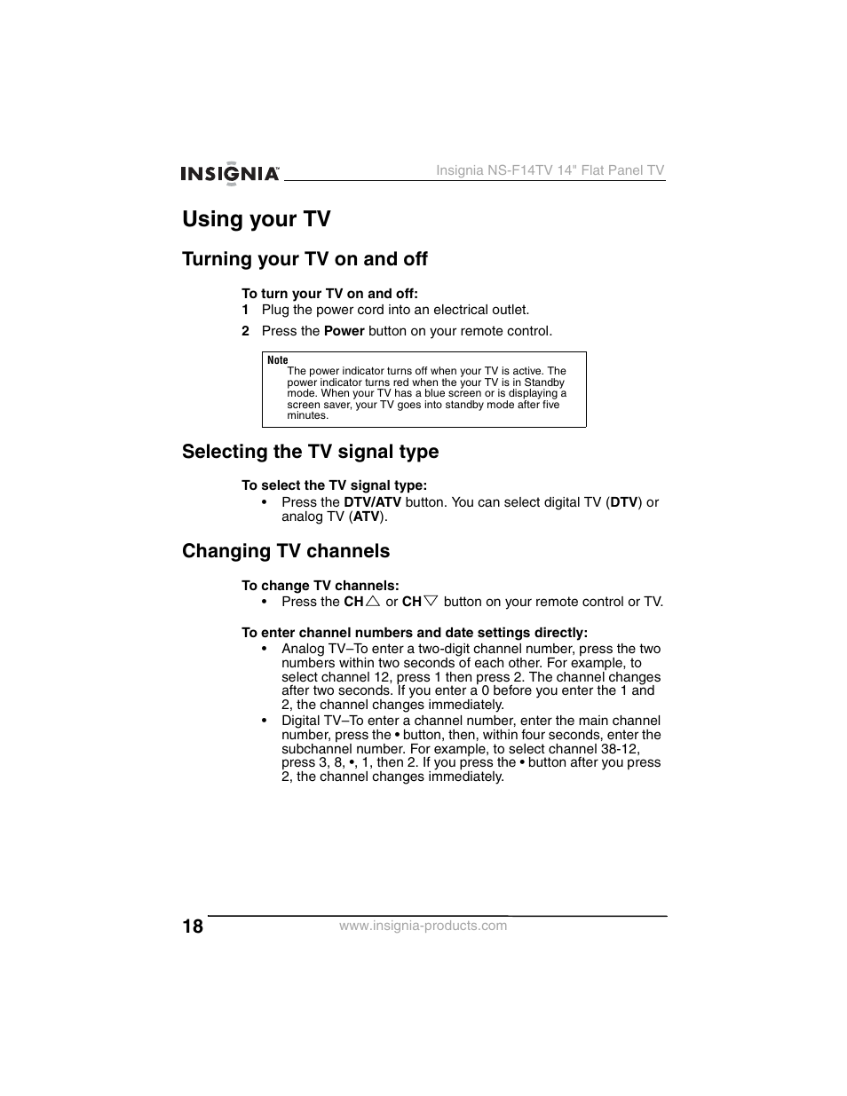Using your tv, Turning your tv on and off, Selecting the tv signal type | Changing tv channels | Insignia NS-F14TV User Manual | Page 18 / 94
