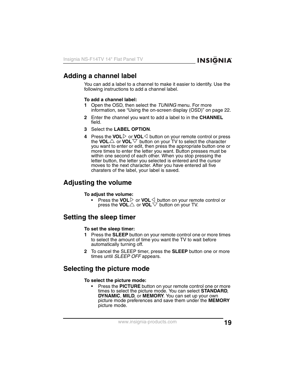 Adding a channel label, Adjusting the volume, Setting the sleep timer | Selecting the picture mode | Insignia NS-F14TV User Manual | Page 19 / 94