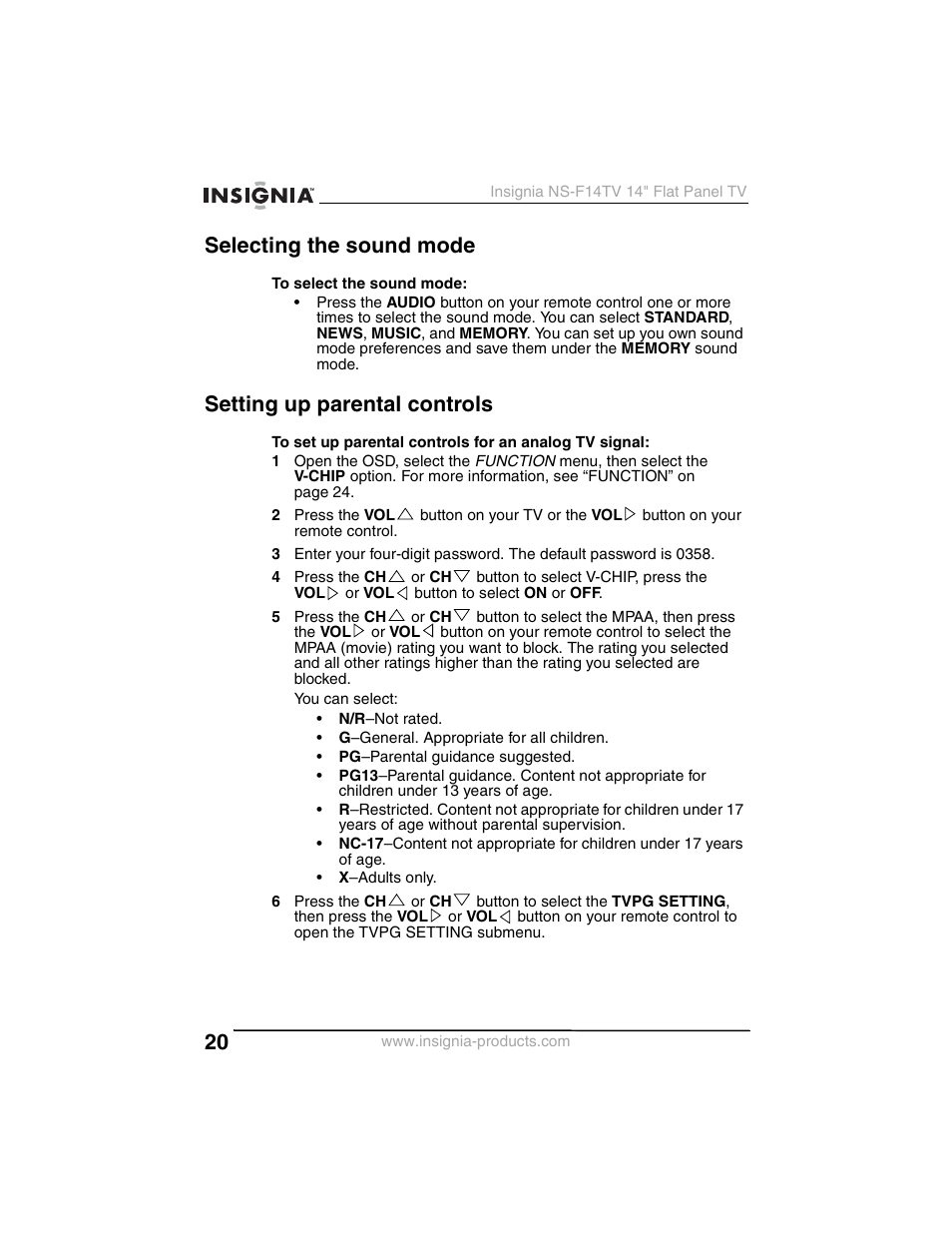 Selecting the sound mode, Setting up parental controls | Insignia NS-F14TV User Manual | Page 20 / 94