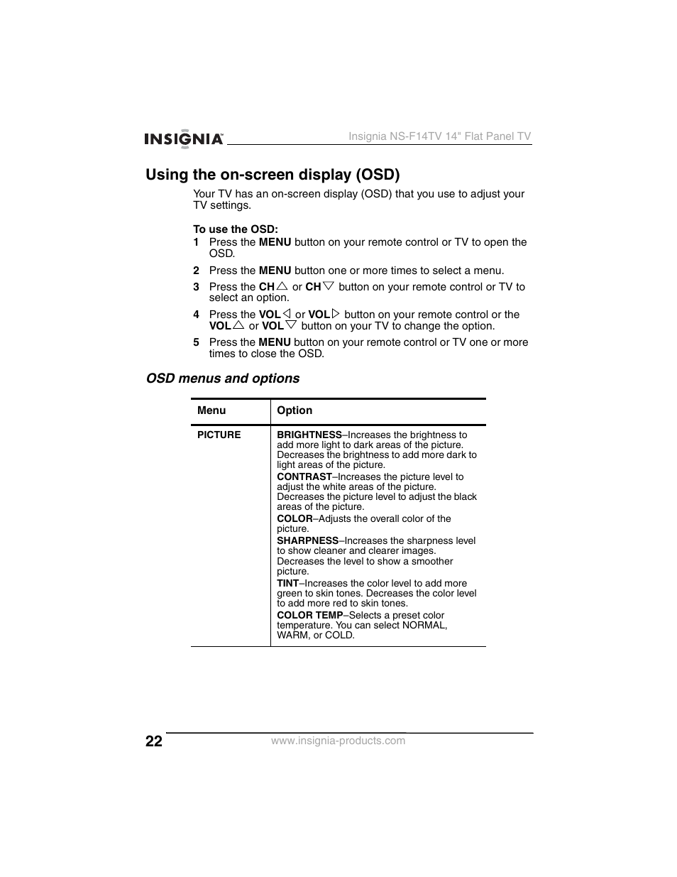 Using the on-screen display (osd) | Insignia NS-F14TV User Manual | Page 22 / 94