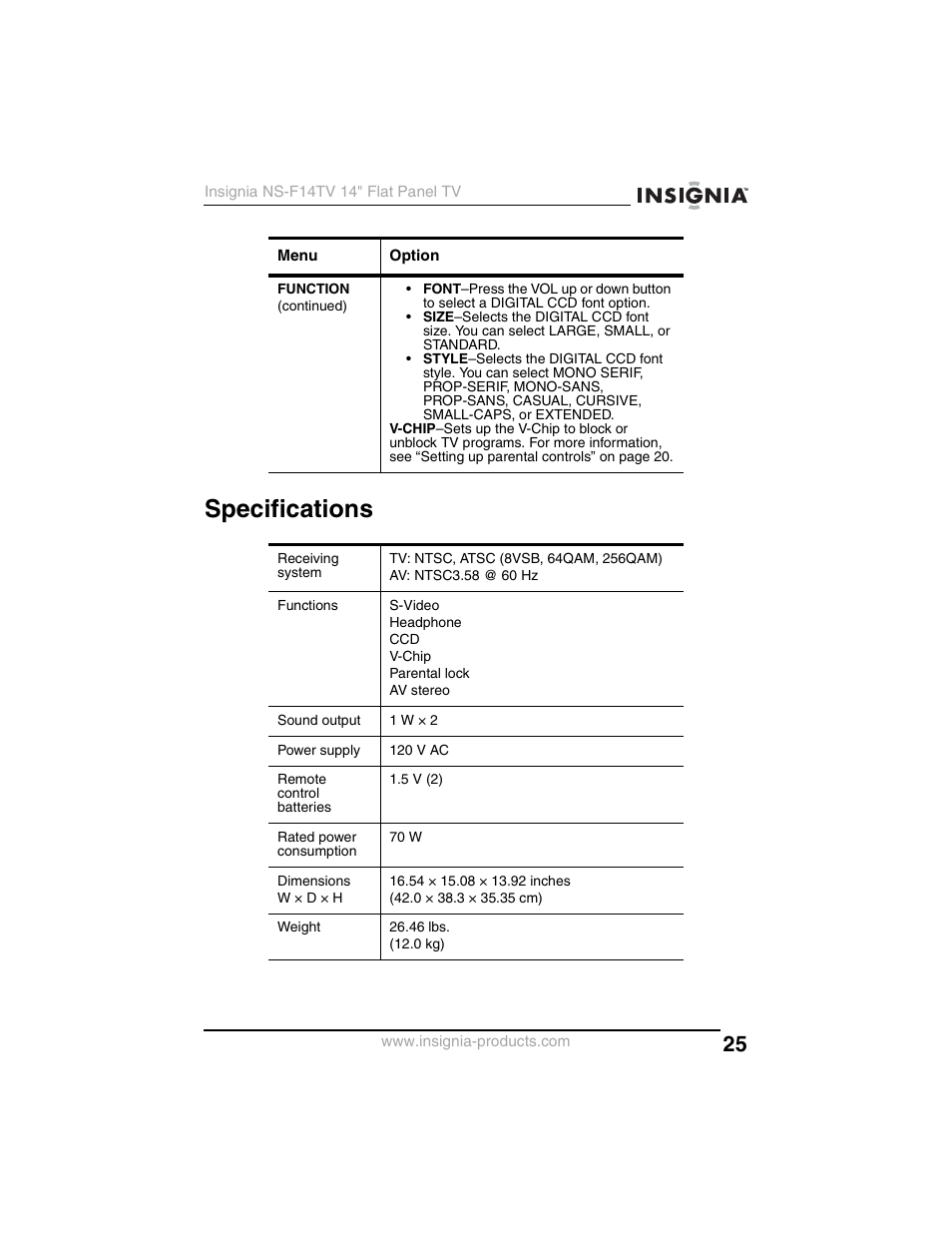 Specifications | Insignia NS-F14TV User Manual | Page 25 / 94