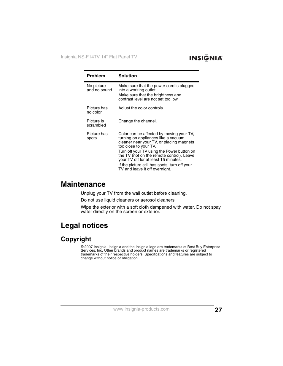 Maintenance, Legal notices, Copyright | Insignia NS-F14TV User Manual | Page 27 / 94