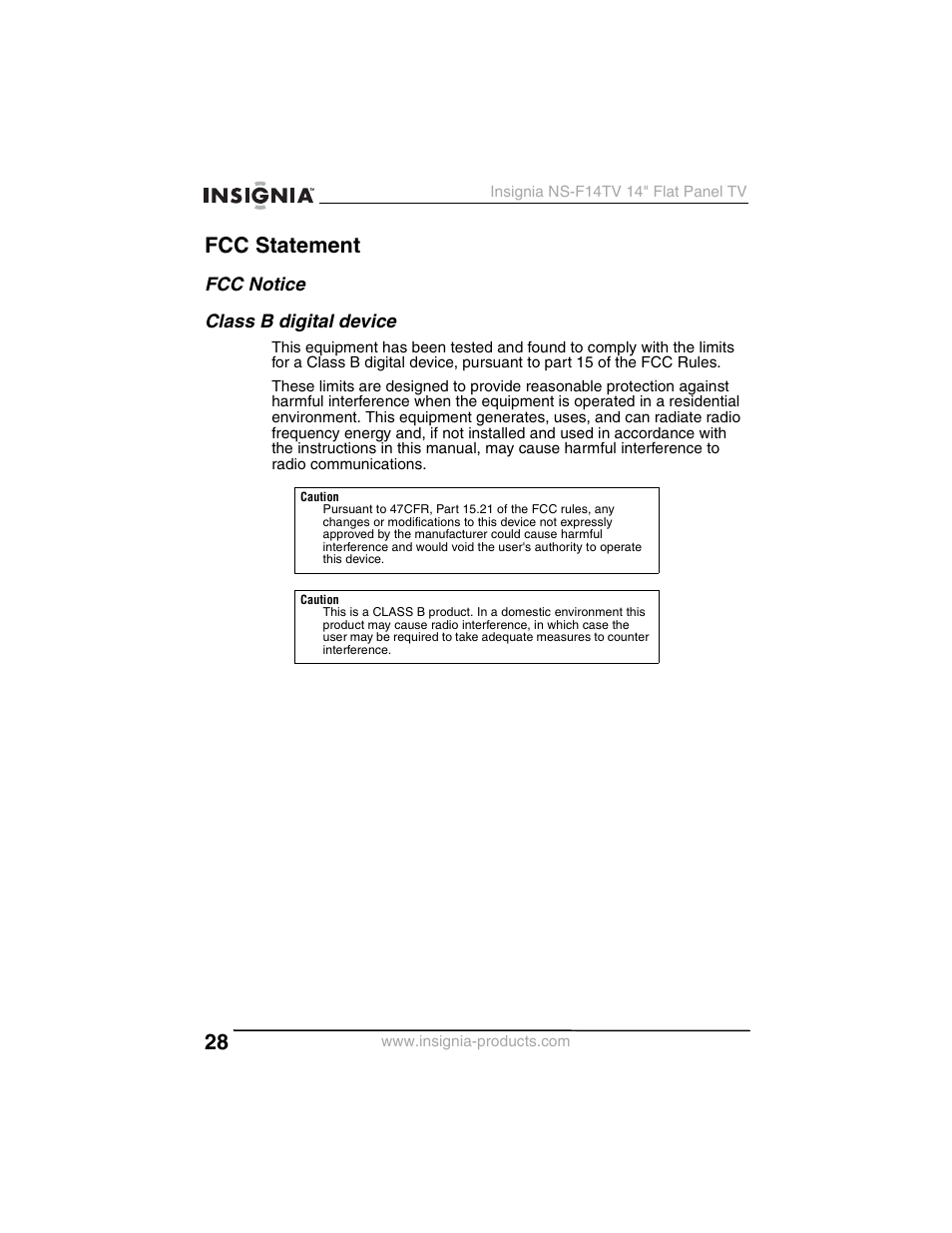Fcc statement | Insignia NS-F14TV User Manual | Page 28 / 94