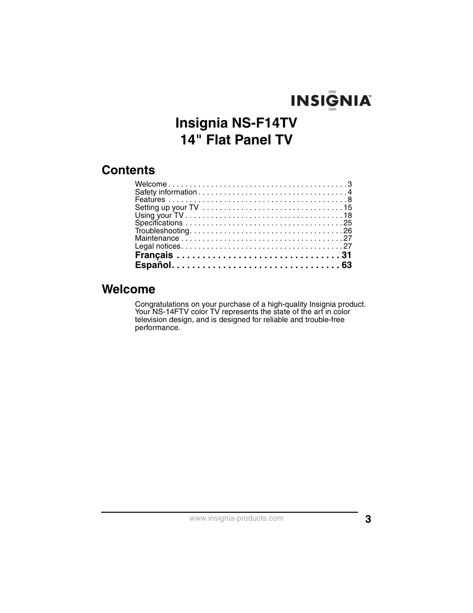 Insignia ns-f14tv 14" flat panel tv | Insignia NS-F14TV User Manual | Page 3 / 94