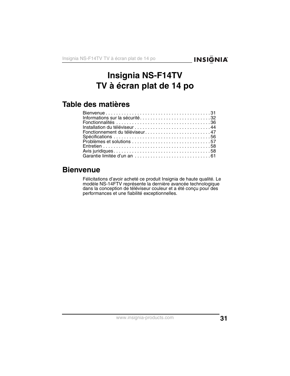 Insignia ns-f14tv tv à écran plat de 14 po | Insignia NS-F14TV User Manual | Page 31 / 94