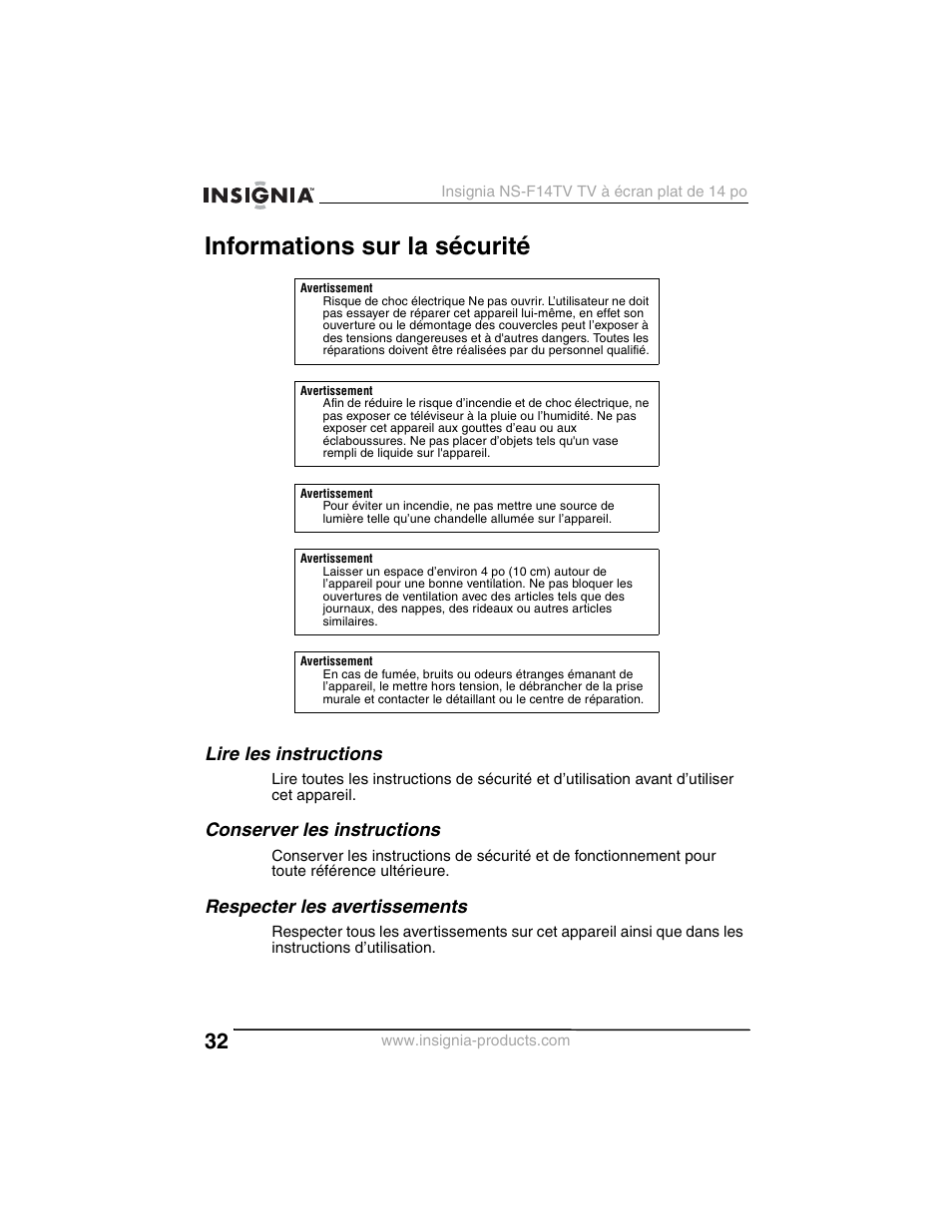 Informations sur la sécurité, Lire les instructions, Conserver les instructions | Respecter les avertissements | Insignia NS-F14TV User Manual | Page 32 / 94