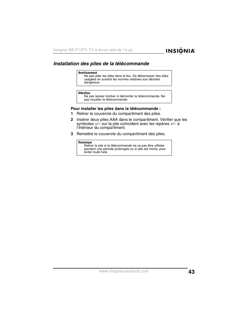 Installation des piles de la télécommande | Insignia NS-F14TV User Manual | Page 43 / 94