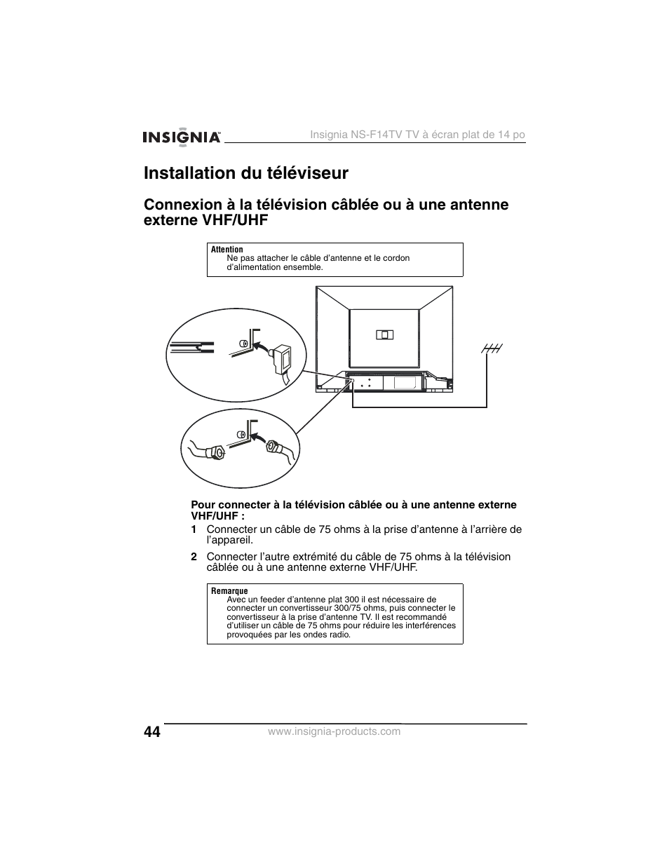 Installation du téléviseur | Insignia NS-F14TV User Manual | Page 44 / 94