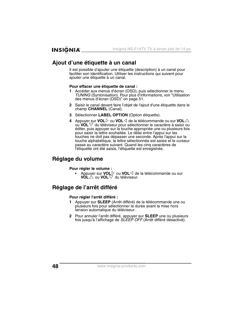 Ajout d’une étiquette à un canal, Réglage du volume, Réglage de l’arrêt différé | Insignia NS-F14TV User Manual | Page 48 / 94