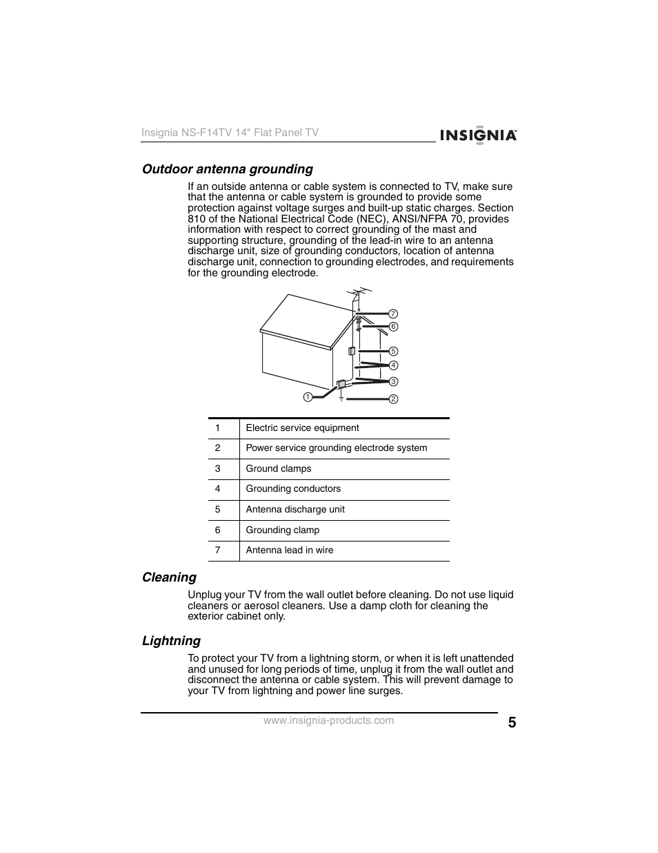 Outdoor antenna grounding, Cleaning, Lightning | Insignia NS-F14TV User Manual | Page 5 / 94