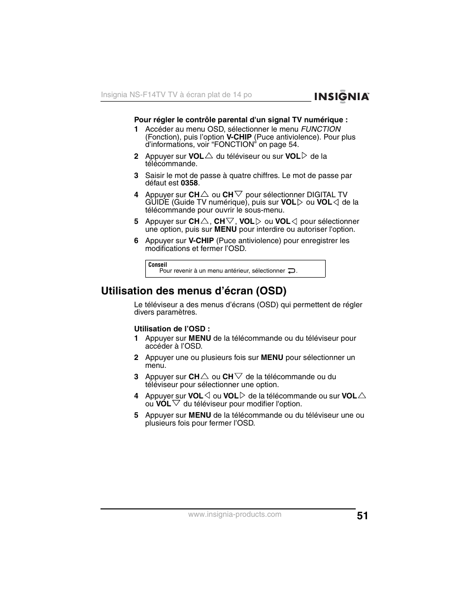 Utilisation des menus d’écran (osd) | Insignia NS-F14TV User Manual | Page 51 / 94
