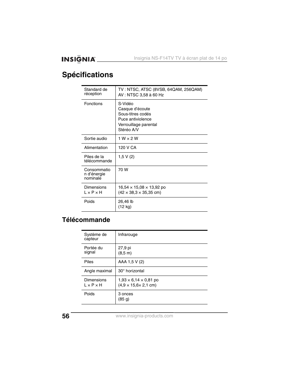 Spécifications, Télécommande | Insignia NS-F14TV User Manual | Page 56 / 94