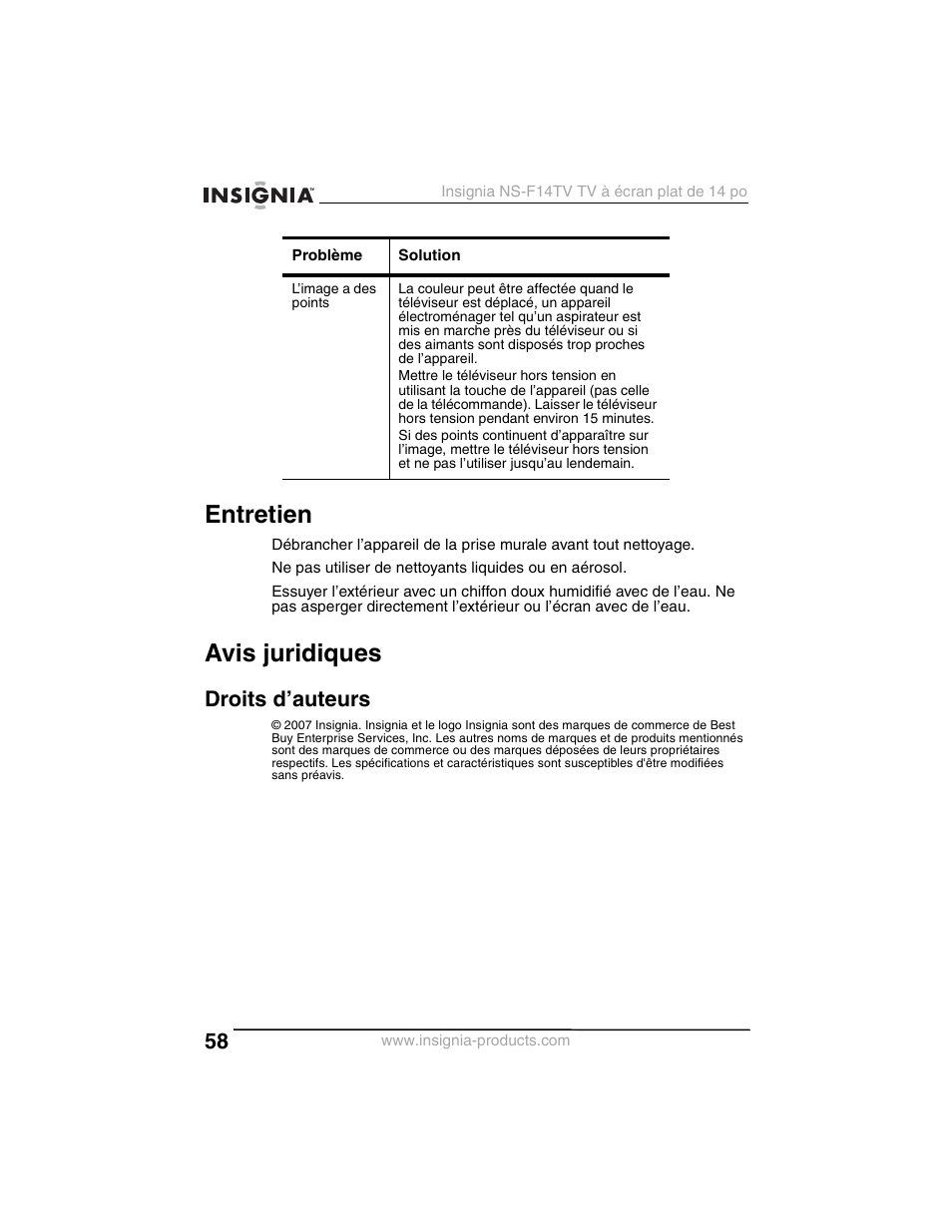 Entretien, Avis juridiques, Droits d’auteurs | Insignia NS-F14TV User Manual | Page 58 / 94