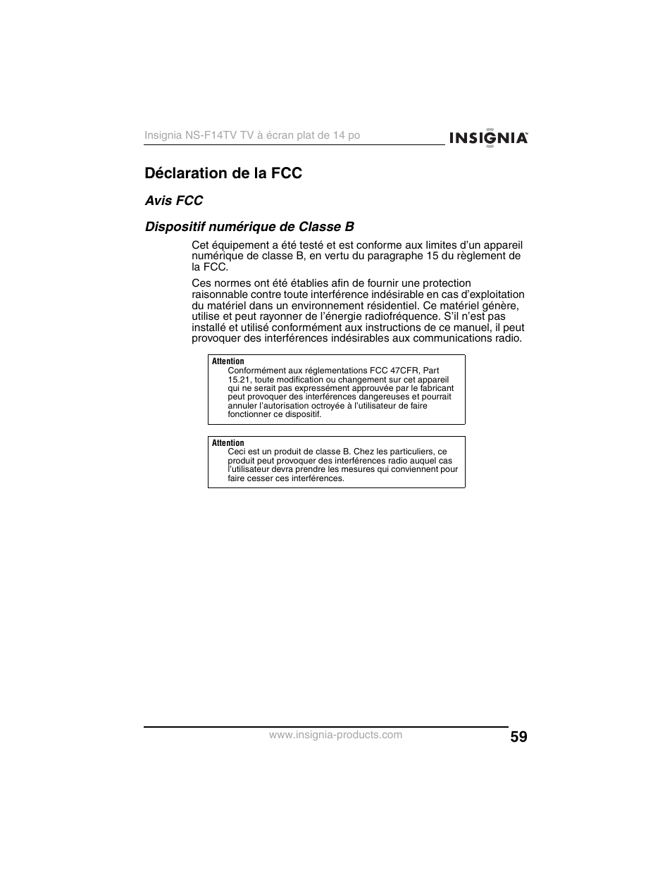 Déclaration de la fcc | Insignia NS-F14TV User Manual | Page 59 / 94