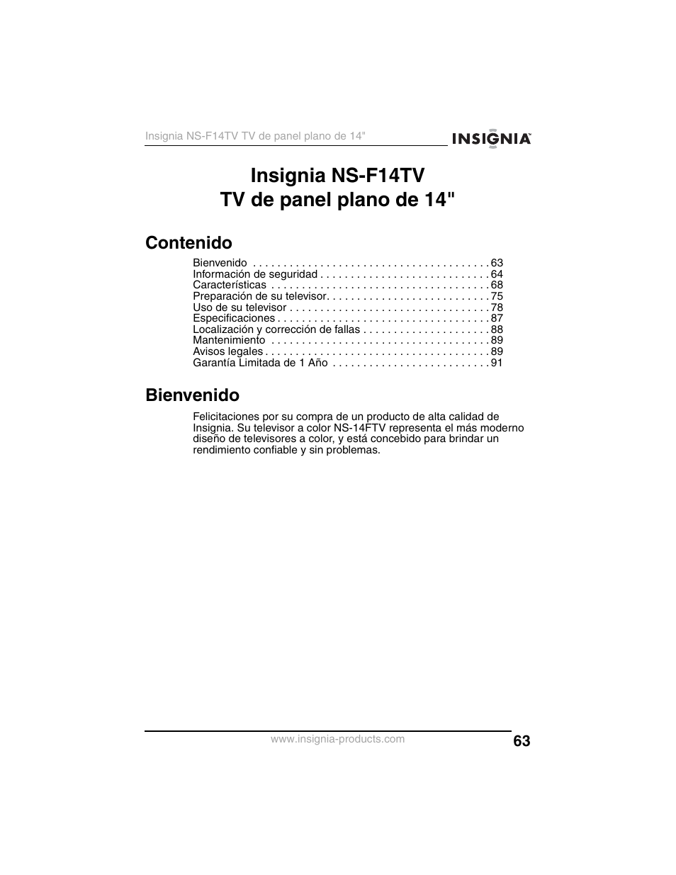 Insignia ns-f14tv tv de panel plano de 14 | Insignia NS-F14TV User Manual | Page 63 / 94