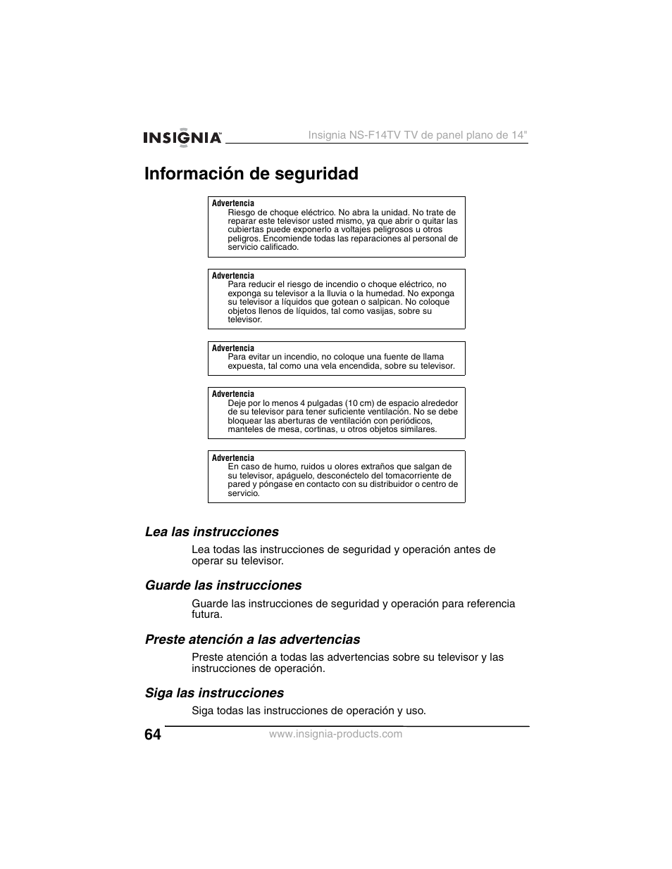 Información de seguridad, Lea las instrucciones, Guarde las instrucciones | Preste atención a las advertencias, Siga las instrucciones | Insignia NS-F14TV User Manual | Page 64 / 94